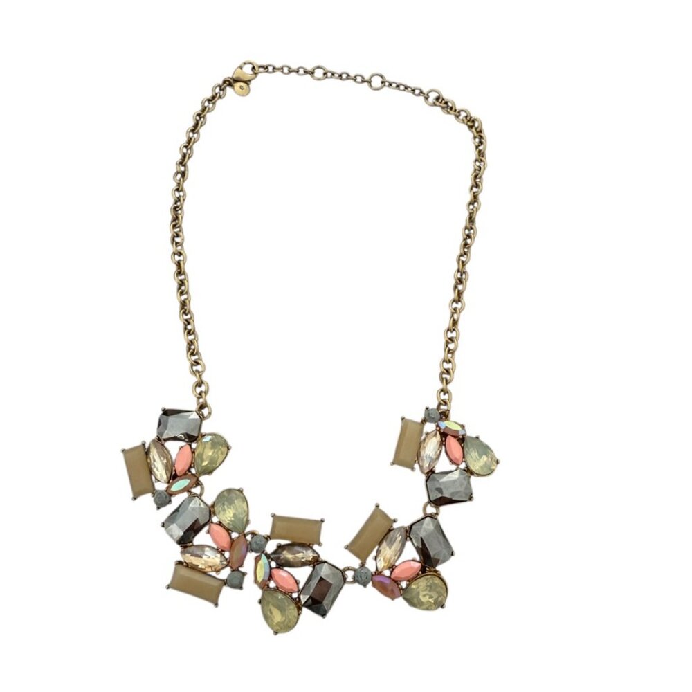 J. Crew Statement Necklace gold w/ tan, golden, gray & pink jewels iridescent